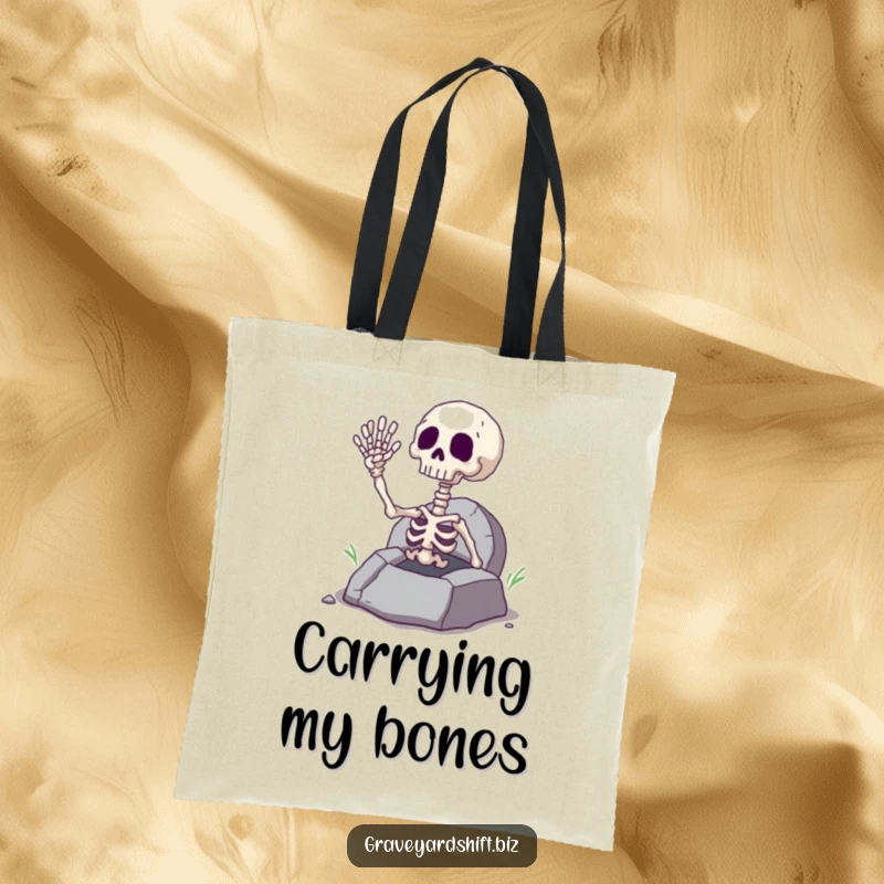 Funny giggling skeleton hand popping out of a cracked grave, on a durable tote bag for spooky shoppers.