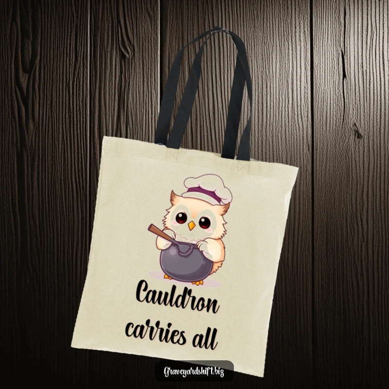 Funny chef owl tote bag with a chef hat, joyfully stirring a cauldron, ideal for a whimsical grocery trip.