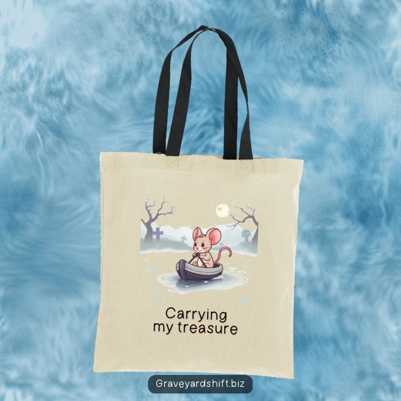 Funny determined mouse navigating a tiny boat across a misty graveyard lake, on a durable tote bag.
