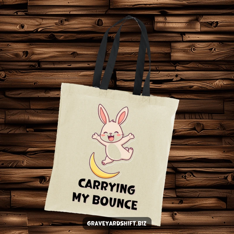 Funny energetic rabbit tote bag featuring a joyful rabbit leaping high over a tiny crescent moon. Great for shopping.
