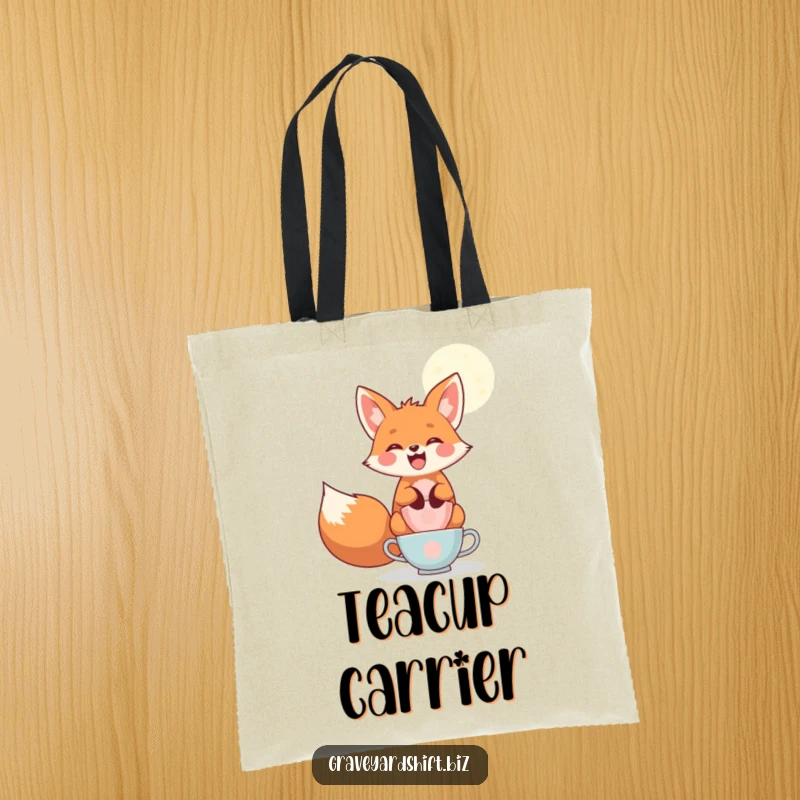 Funny playful fox tote bag, wide grin, balancing teacups under moonlight, ideal for whimsical and humorous outings.