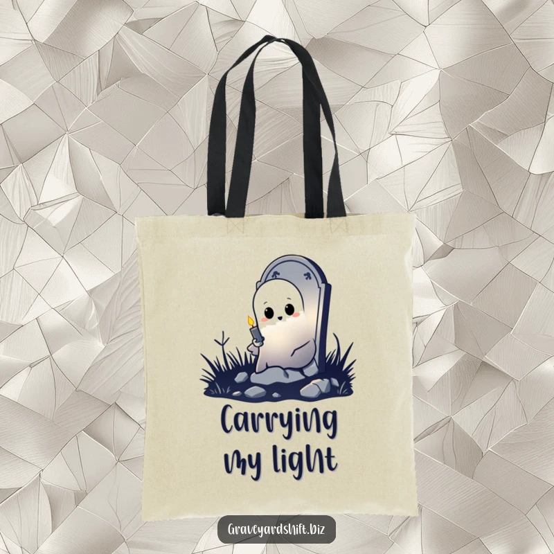 Funny shy ghost tote bag peeking from tombstone, holding flickering candle, ideal for humorous and spooky outings.