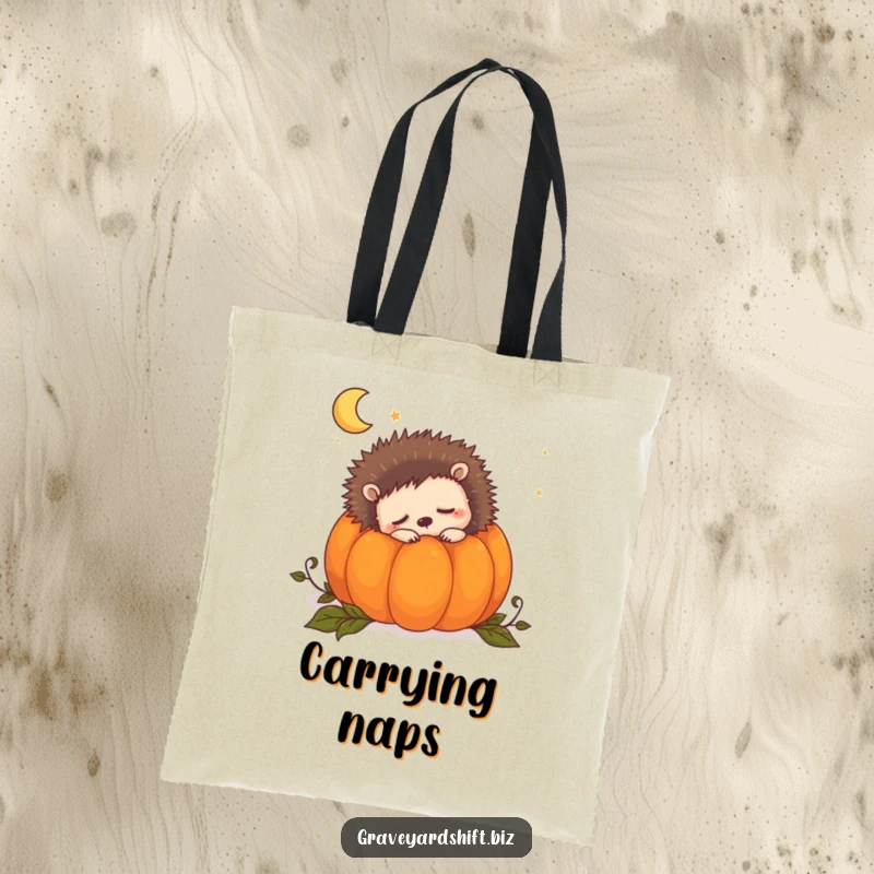 Funny sleepy hedgehog tote bag featuring a cute hedgehog nestled inside a pumpkin, dreaming of the enchanting night.