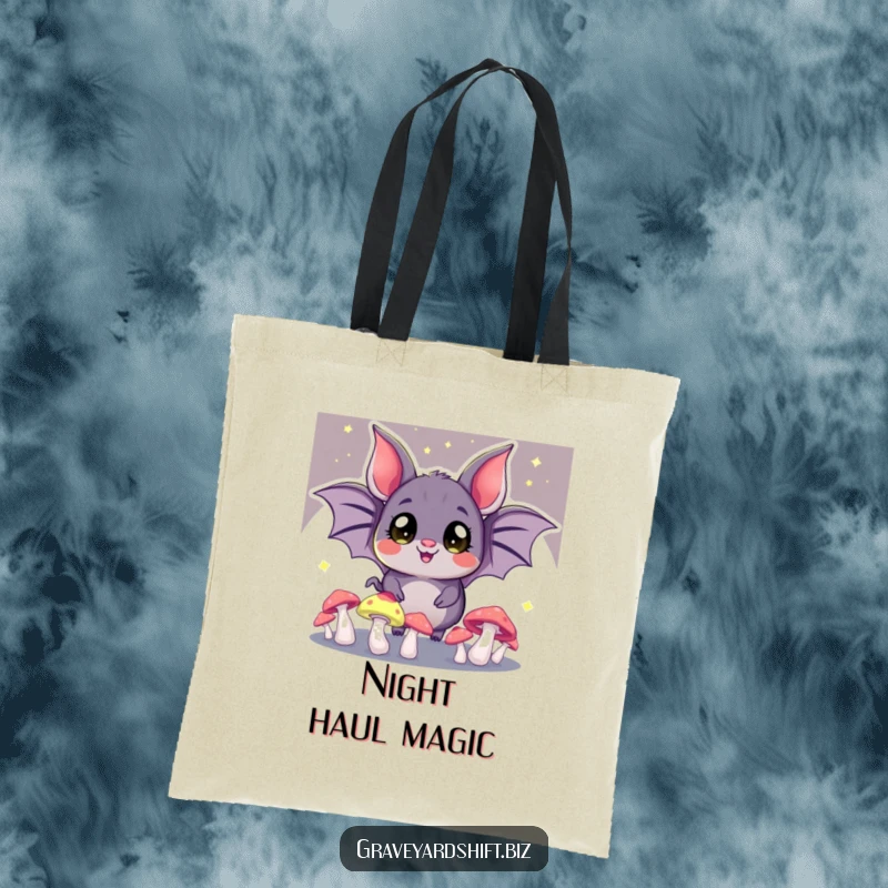 Funny juggling bat tote bag, wide eyes, glowing mushrooms in the dark, ideal for magical and humorous errands.