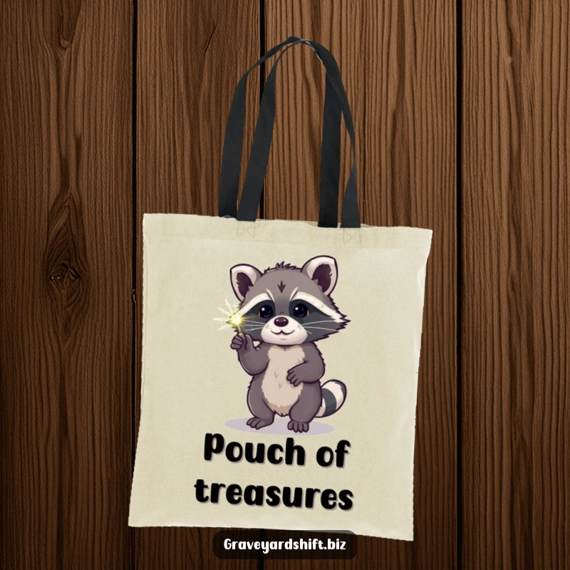 Funny curious raccoon tote bag poking luminous spiderweb with paw, ideal for nocturnal and humorous errands.